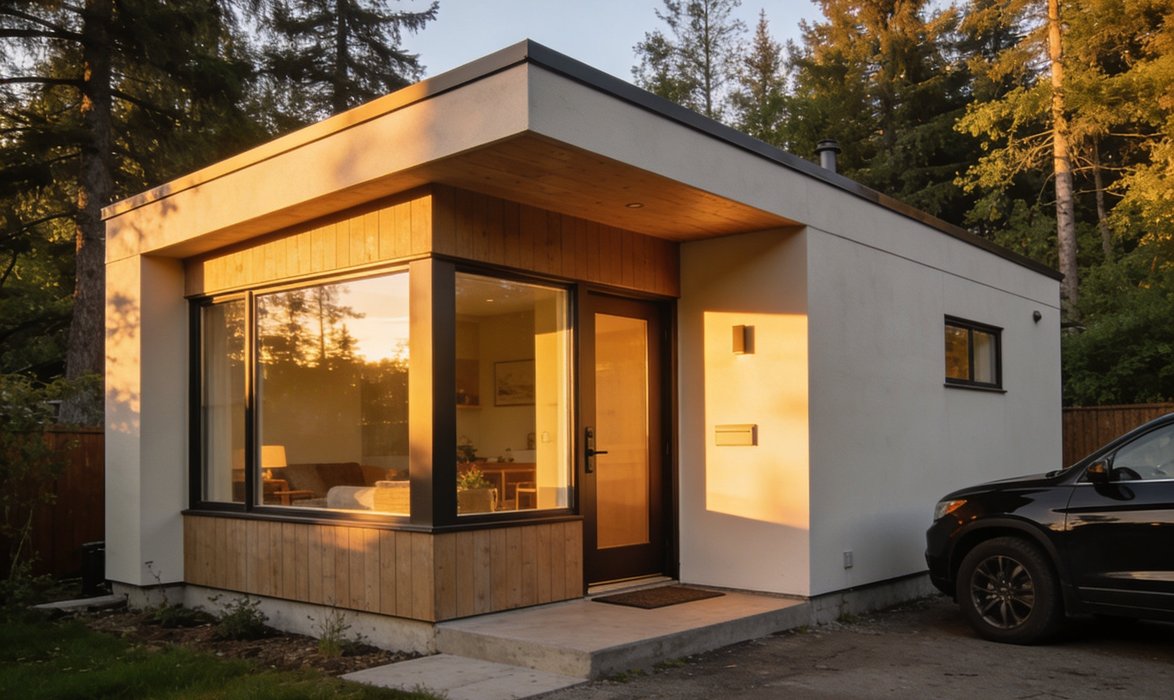 Modern white and wood micro-structure nestled in a forested property