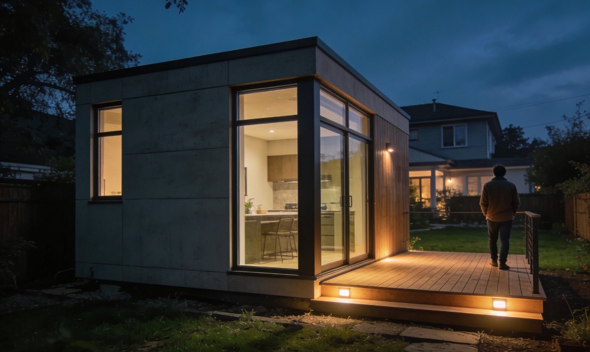 Glass-front Arcadia backyard studio glowing warmly at night in a suburban yard