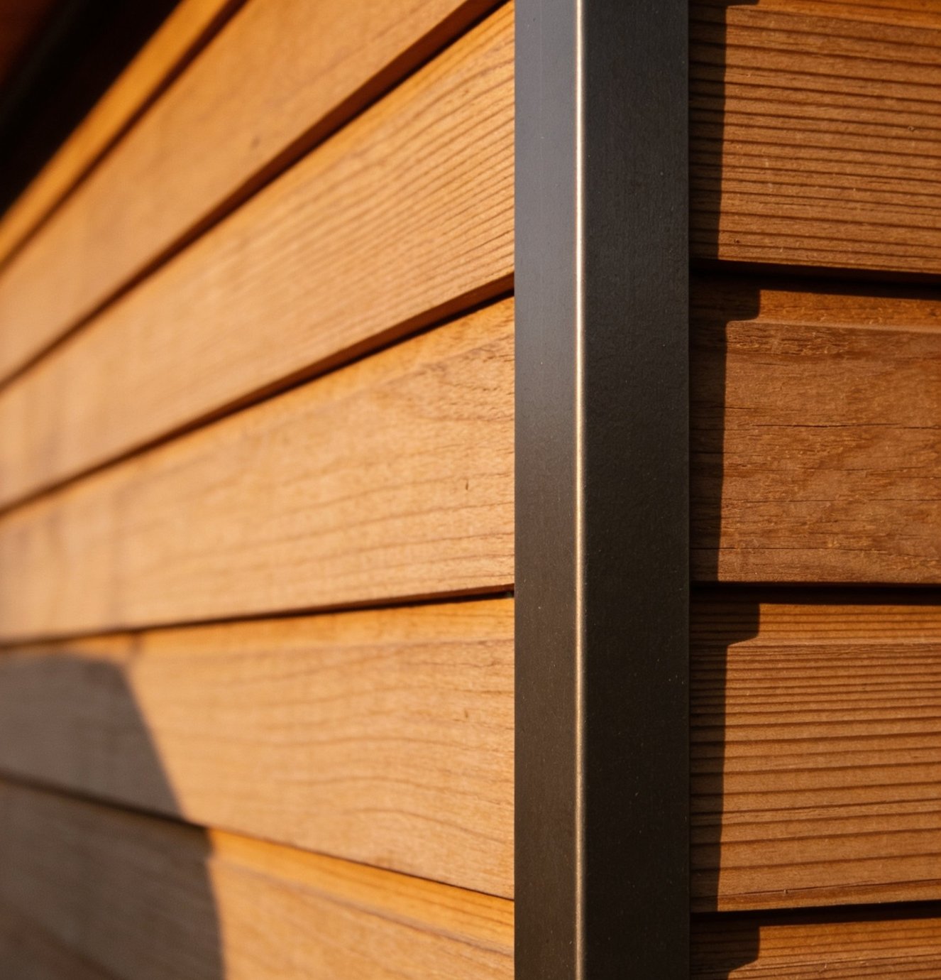 Close-up of premium cedar siding with black metal trim on an Arcadia structure