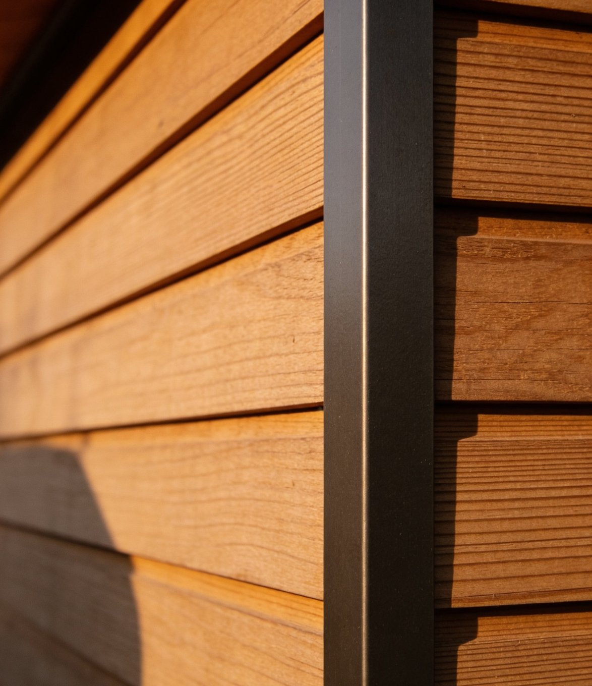 Close-up of premium cedar siding with black metal trim on an Arcadia structure