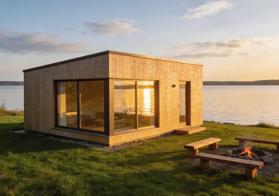 Wood retreat micro-structure overlooking a lake with a fire pit on the deck