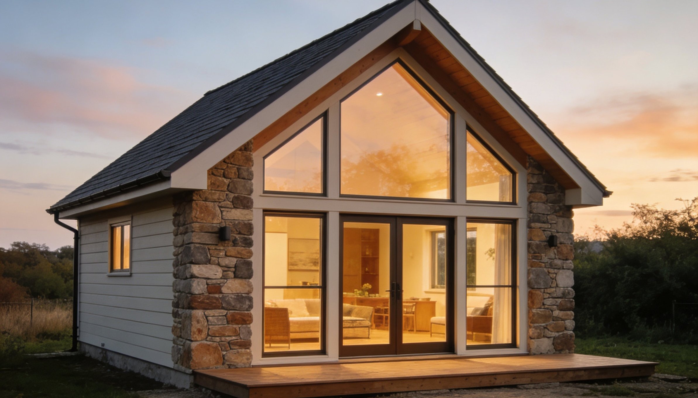 Premium A-frame micro-structure with stone base and floor-to-ceiling windows at sunset