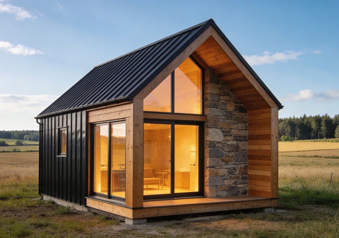 Modern black gable micro-structure with stone facade and wood accents in an open field