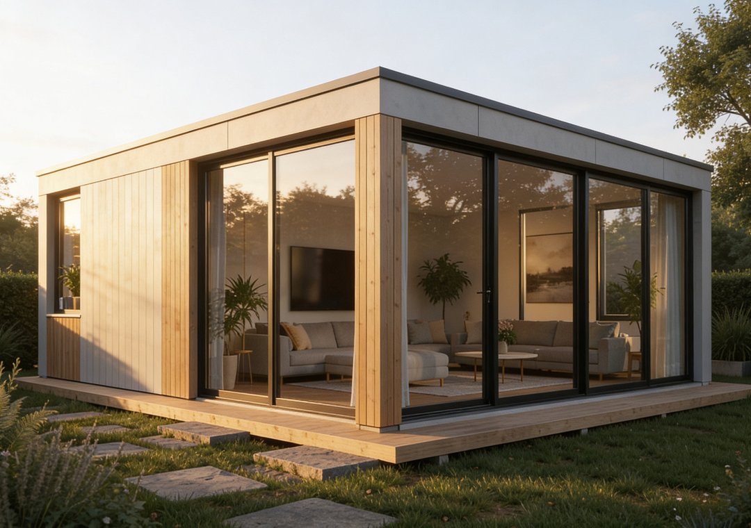 Contemporary flat-roof micro-structure with horizontal wood cladding and floor-to-ceiling glass