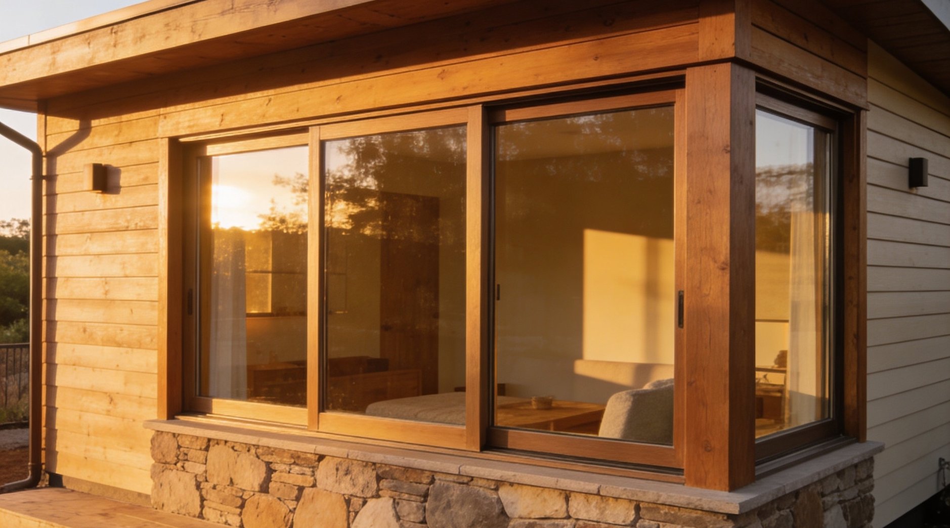 Close-up of premium cedar and stone window detail on an Arcadia micro-structure at golden hour