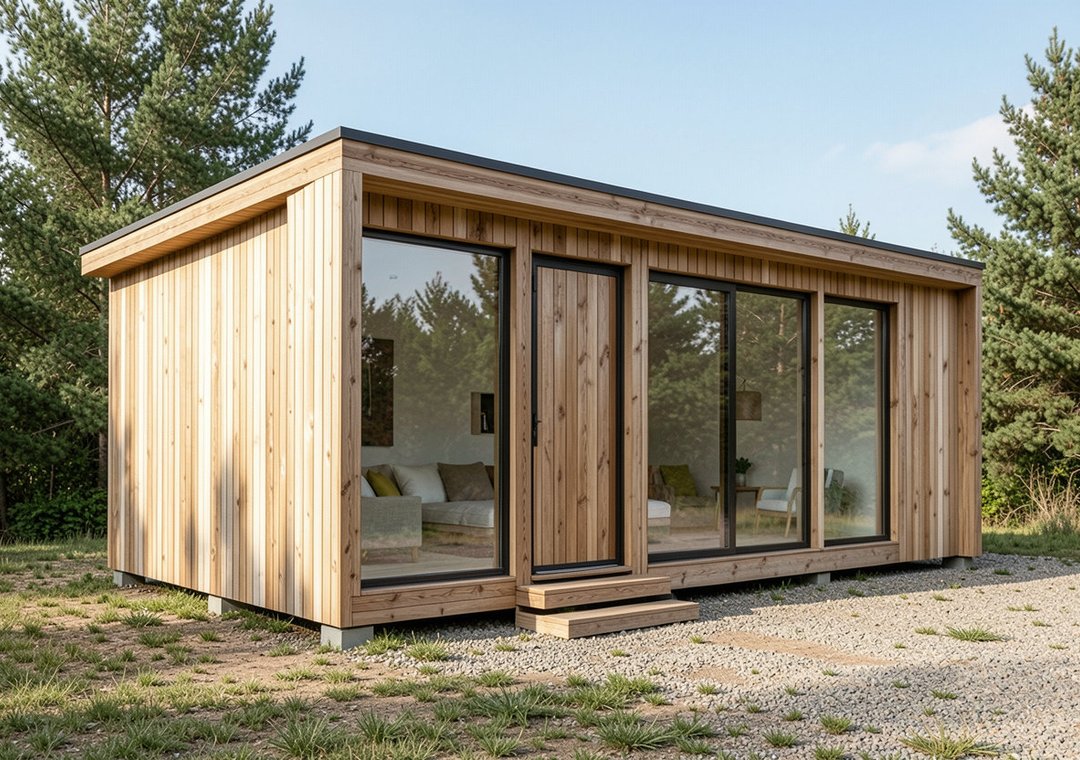 Rustic vertical cedar-clad micro-structure with sliding glass doors in a pine forest