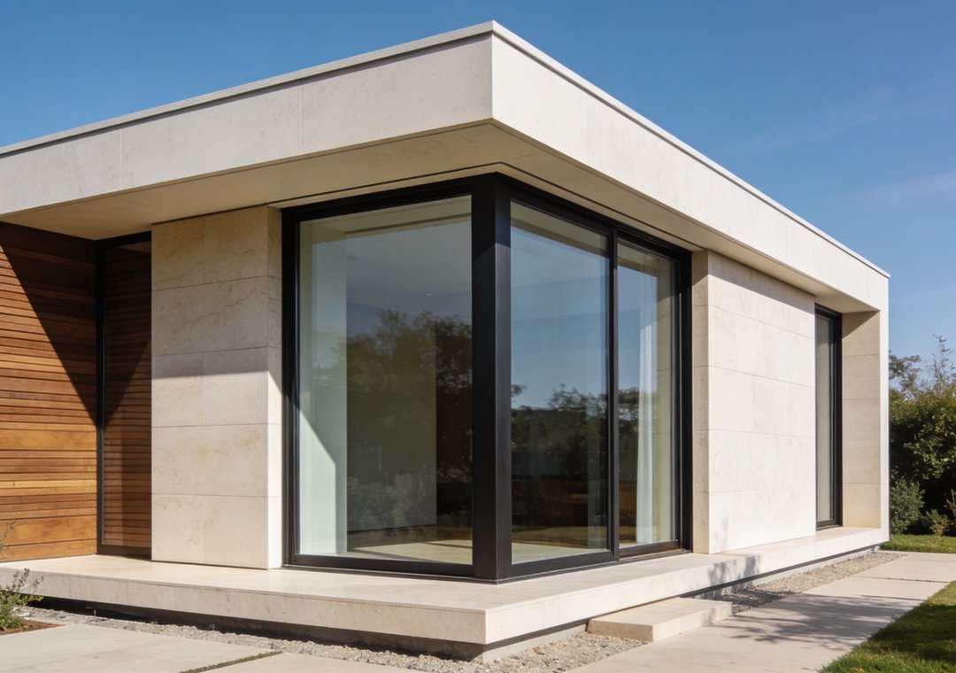 Luxury white concrete and glass micro-structure with wraparound glazing on a manicured lot
