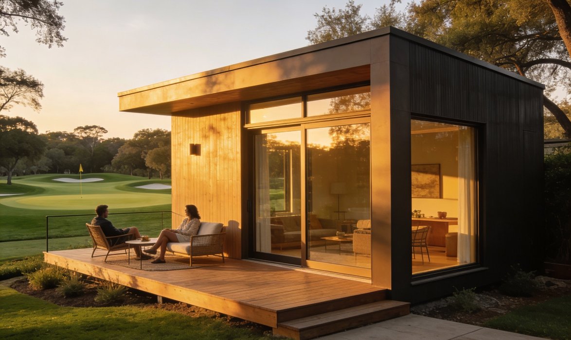 Arcadia micro-structure on a golf course with guests relaxing on deck at sunset