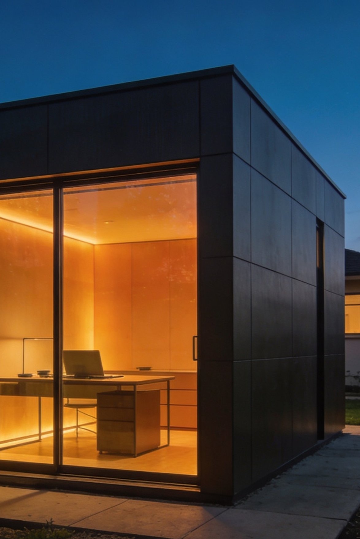 Arcadia backyard studio glowing at twilight